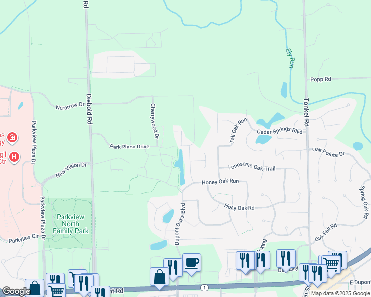 map of restaurants, bars, coffee shops, grocery stores, and more near 11293 Parkers Bay Drive in Fort Wayne