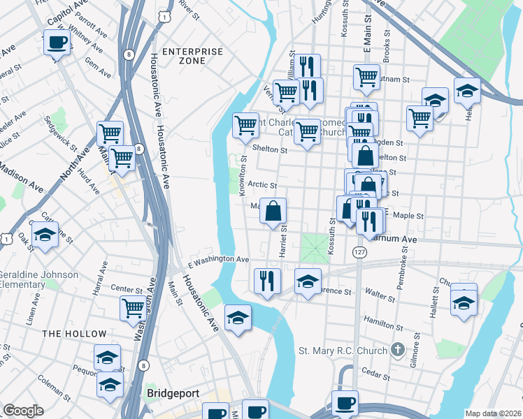 map of restaurants, bars, coffee shops, grocery stores, and more near 117 Maple Street in Bridgeport