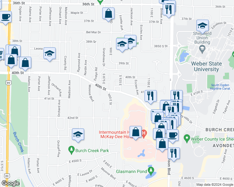 map of restaurants, bars, coffee shops, grocery stores, and more near 917E 4200 South in South Ogden