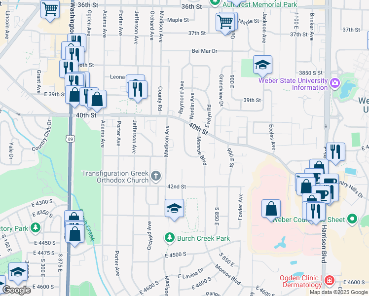 map of restaurants, bars, coffee shops, grocery stores, and more near 4075 Liberty Avenue in Ogden