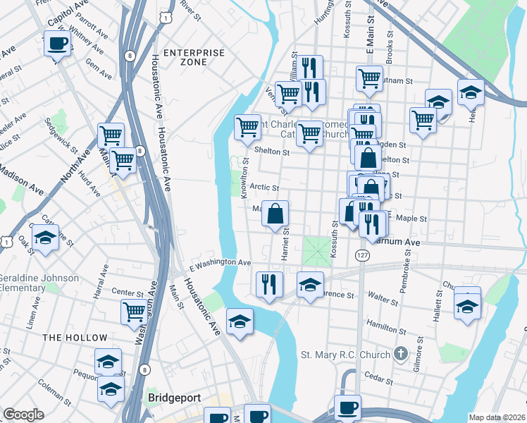 map of restaurants, bars, coffee shops, grocery stores, and more near 117 Maple Street in Bridgeport