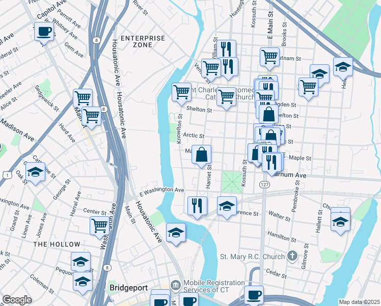 map of restaurants, bars, coffee shops, grocery stores, and more near 117 Maple Street in Bridgeport