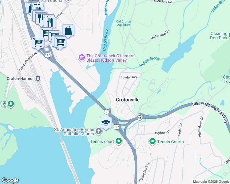 map of restaurants, bars, coffee shops, grocery stores, and more near 45 Old Albany Post Road in Ossining