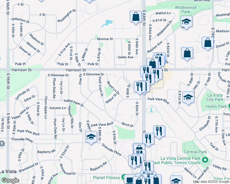 map of restaurants, bars, coffee shops, grocery stores, and more near 7147 Wood Lane Drive in La Vista