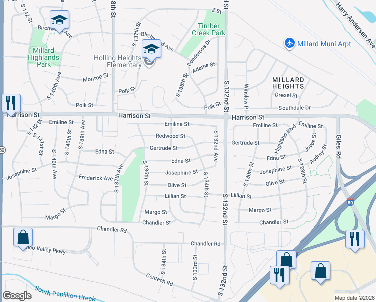 map of restaurants, bars, coffee shops, grocery stores, and more near 13411 Gertrude Street in Omaha