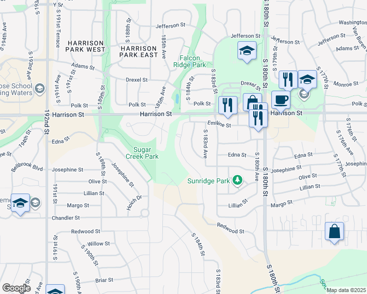map of restaurants, bars, coffee shops, grocery stores, and more near 7035 South 184th Street in Omaha
