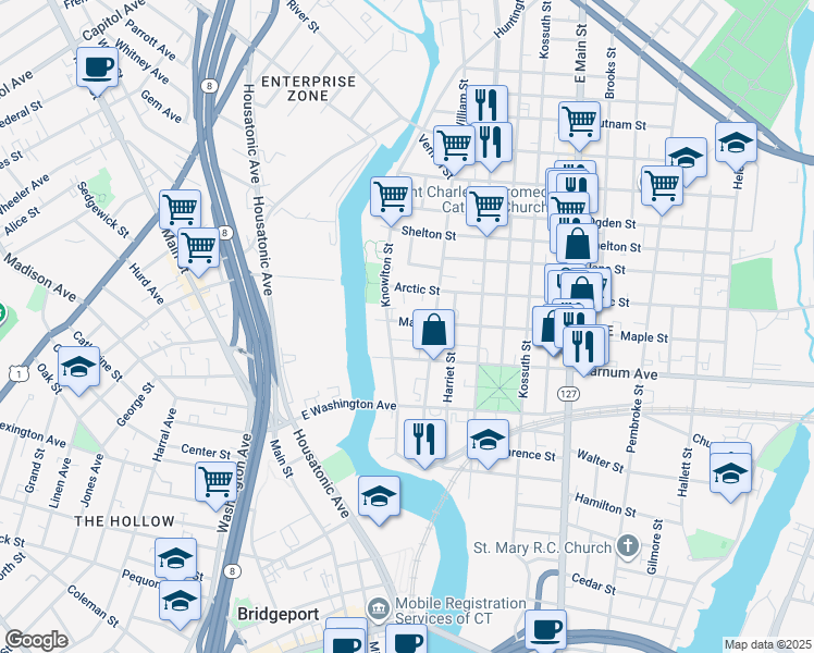 map of restaurants, bars, coffee shops, grocery stores, and more near 94 Maple Street in Bridgeport