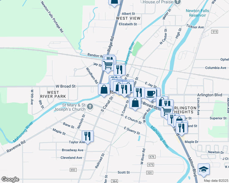 map of restaurants, bars, coffee shops, grocery stores, and more near Ohio 534 in Newton Falls