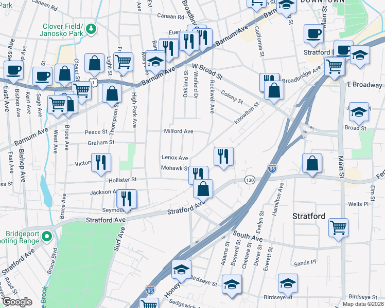 map of restaurants, bars, coffee shops, grocery stores, and more near 115 Knowlton Street in Stratford