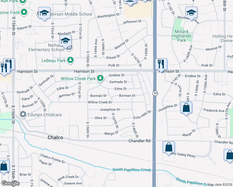 map of restaurants, bars, coffee shops, grocery stores, and more near 14712 Borman St in Omaha