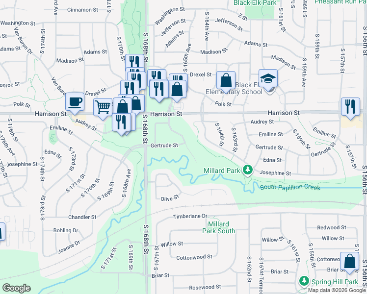 map of restaurants, bars, coffee shops, grocery stores, and more near 16701 Gertrude Street in Omaha