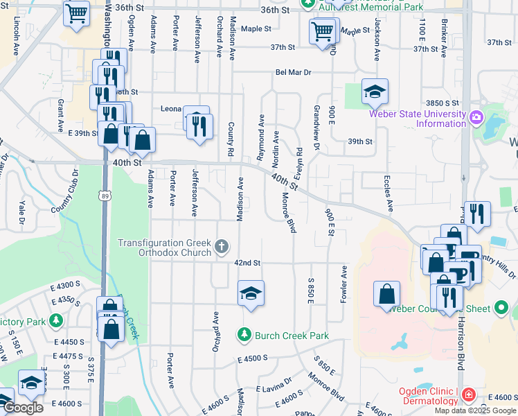 map of restaurants, bars, coffee shops, grocery stores, and more near 4075 Liberty Avenue in Ogden