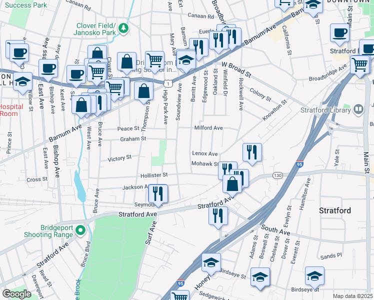 map of restaurants, bars, coffee shops, grocery stores, and more near 360 Burritt Avenue in Stratford