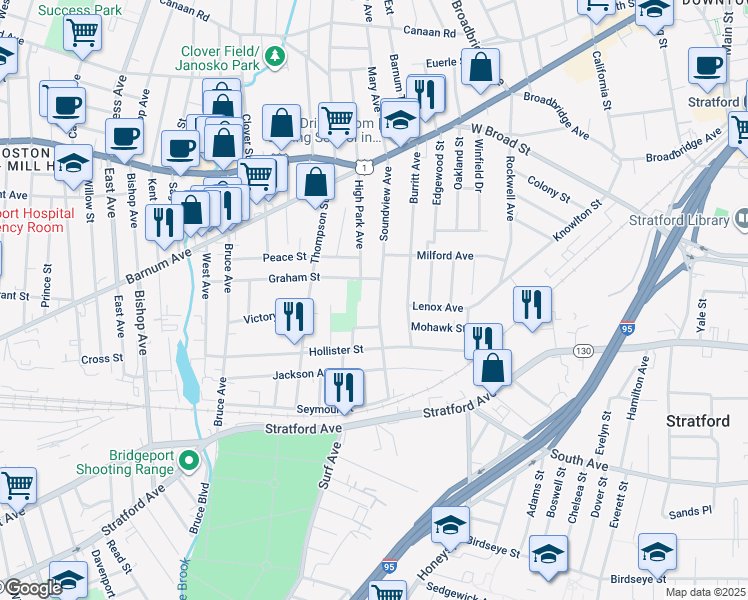 map of restaurants, bars, coffee shops, grocery stores, and more near 229 Soundview Avenue in Stratford