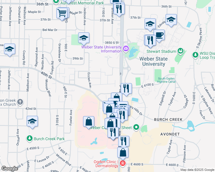 map of restaurants, bars, coffee shops, grocery stores, and more near 1135 4100 South Street in Ogden