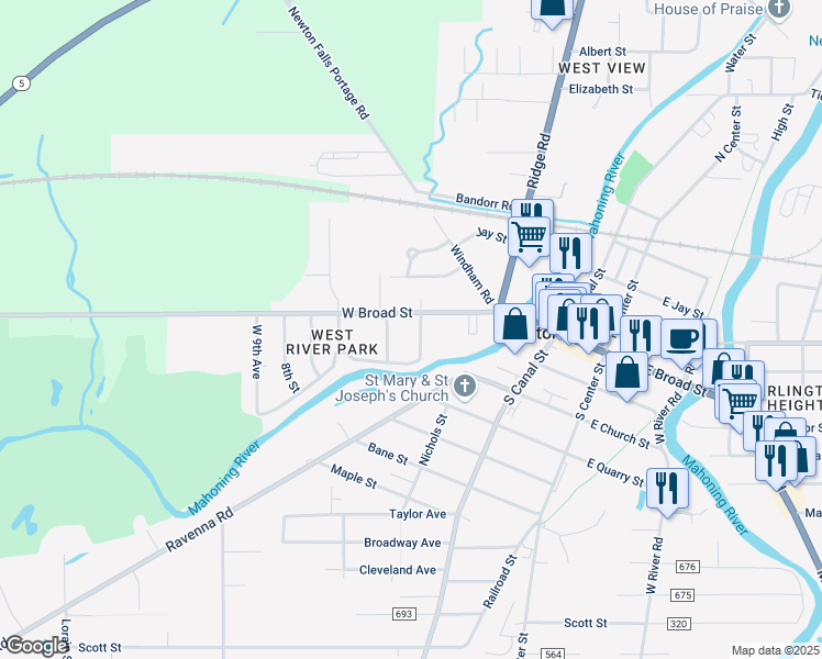 map of restaurants, bars, coffee shops, grocery stores, and more near 14 West 4th Street in Newton Falls