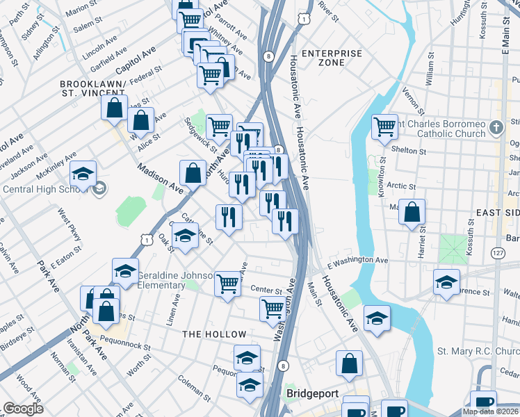 map of restaurants, bars, coffee shops, grocery stores, and more near 1833 Main Street in Bridgeport