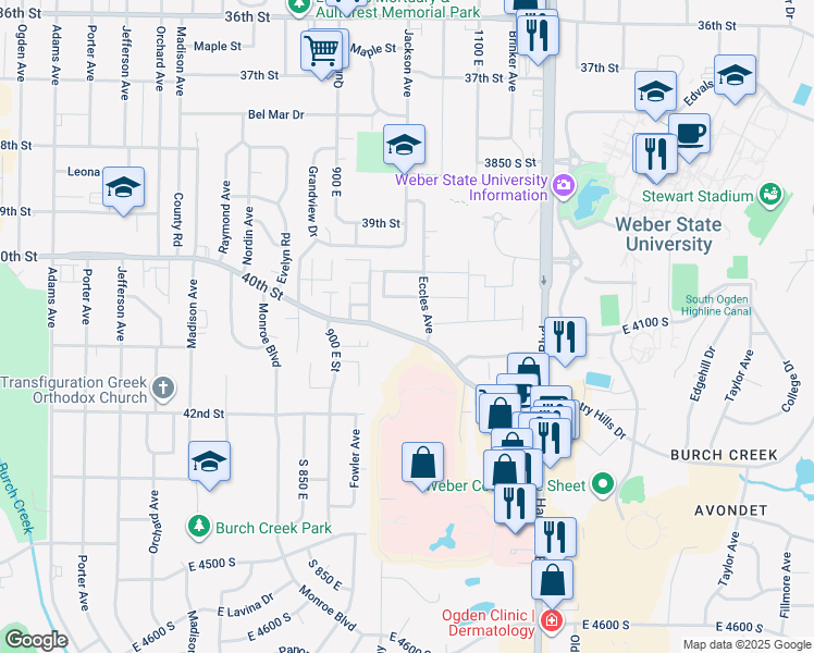 map of restaurants, bars, coffee shops, grocery stores, and more near 1016 Country Hills Drive in Ogden
