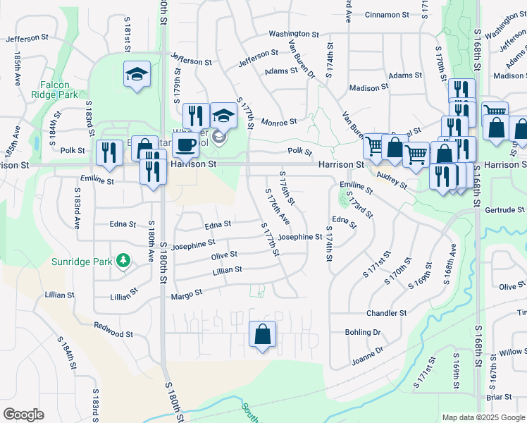 map of restaurants, bars, coffee shops, grocery stores, and more near 7105 South 177th Street in Omaha