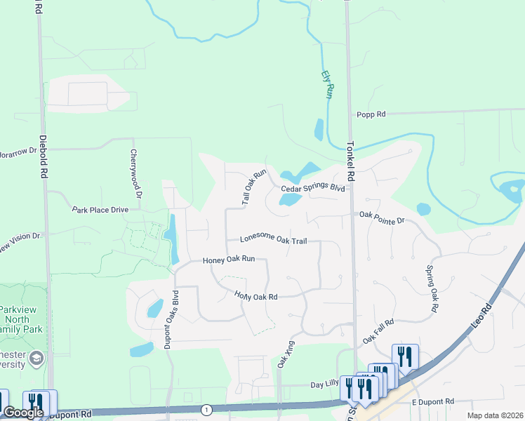 map of restaurants, bars, coffee shops, grocery stores, and more near 11331 Blue Sparrow Court in Fort Wayne