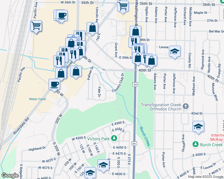 map of restaurants, bars, coffee shops, grocery stores, and more near 106 Country Club Drive in South Ogden