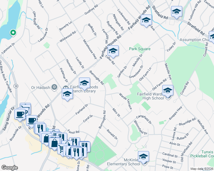 map of restaurants, bars, coffee shops, grocery stores, and more near 920 Burroughs Road in Fairfield