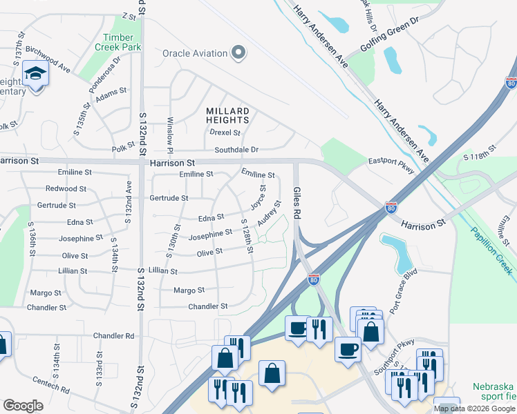 map of restaurants, bars, coffee shops, grocery stores, and more near 7109 Joyce Street in Omaha