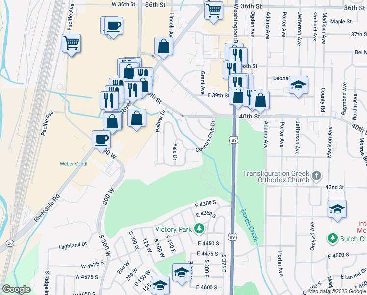 map of restaurants, bars, coffee shops, grocery stores, and more near 106 Country Club Drive in South Ogden