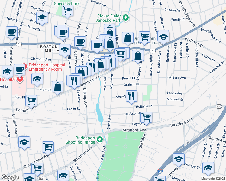 map of restaurants, bars, coffee shops, grocery stores, and more near 323 Bruce Avenue in Stratford