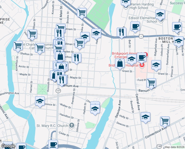 map of restaurants, bars, coffee shops, grocery stores, and more near 159 Helen Street in Bridgeport