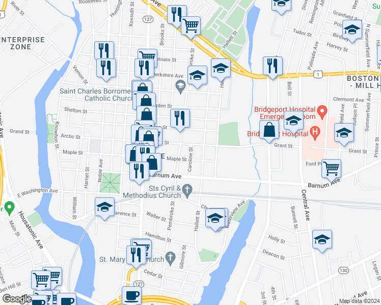 map of restaurants, bars, coffee shops, grocery stores, and more near 1048 Pembroke Street in Bridgeport