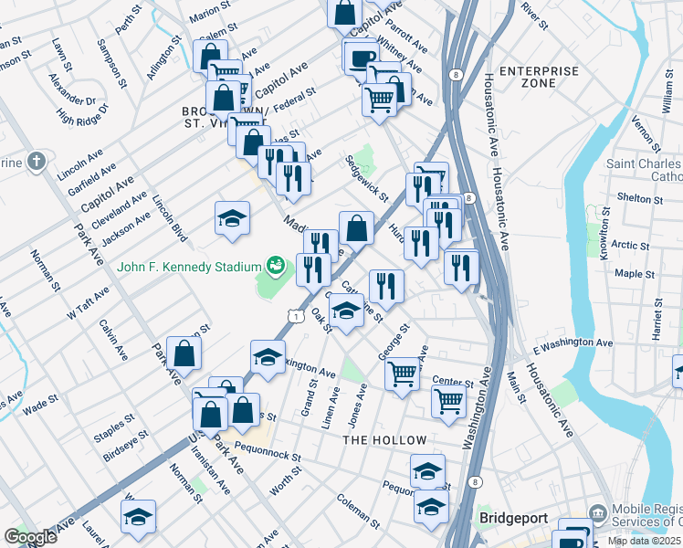 map of restaurants, bars, coffee shops, grocery stores, and more near 486 Catherine Street in Bridgeport