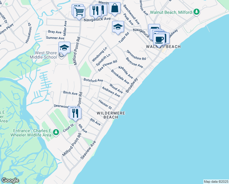 map of restaurants, bars, coffee shops, grocery stores, and more near 23 Andrews Avenue in Milford
