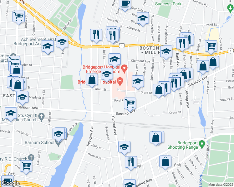 map of restaurants, bars, coffee shops, grocery stores, and more near 300 Grant Street in Bridgeport