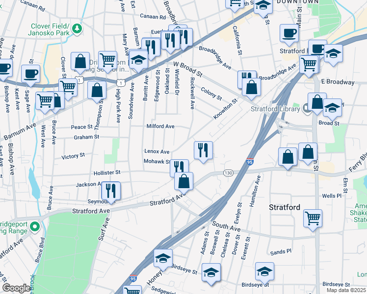 map of restaurants, bars, coffee shops, grocery stores, and more near 170 Knowlton Street in Stratford