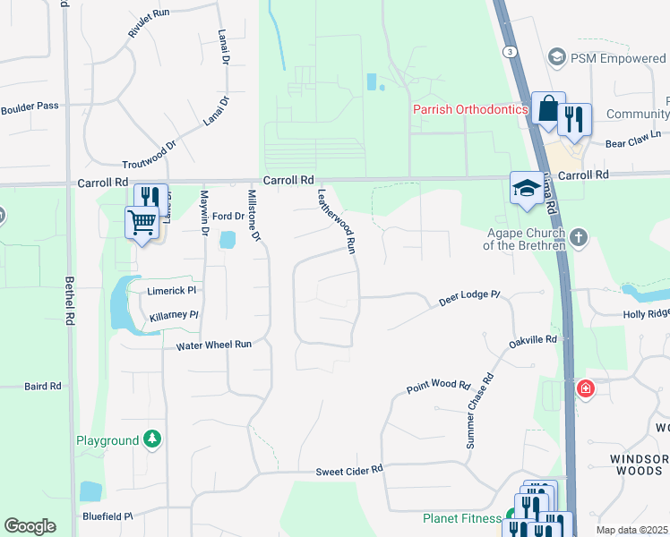 map of restaurants, bars, coffee shops, grocery stores, and more near 2424 Loganberry Cove in Fort Wayne