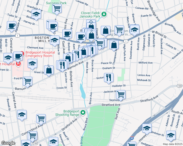 map of restaurants, bars, coffee shops, grocery stores, and more near 323 Bruce Avenue in Stratford