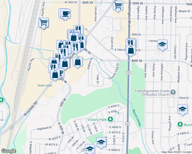 map of restaurants, bars, coffee shops, grocery stores, and more near 7 Yale Drive in Ogden