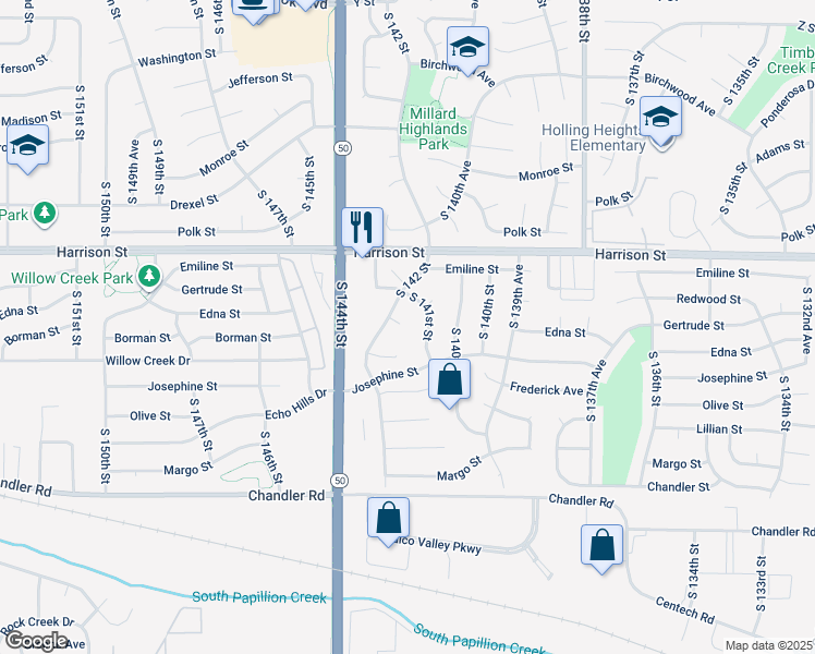 map of restaurants, bars, coffee shops, grocery stores, and more near 14103 Edna Circle in Omaha