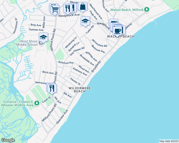 map of restaurants, bars, coffee shops, grocery stores, and more near 7 Wood Ave in Milford