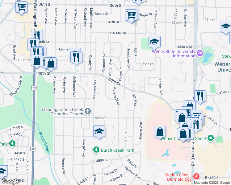 map of restaurants, bars, coffee shops, grocery stores, and more near 4050 Monroe Boulevard in Ogden