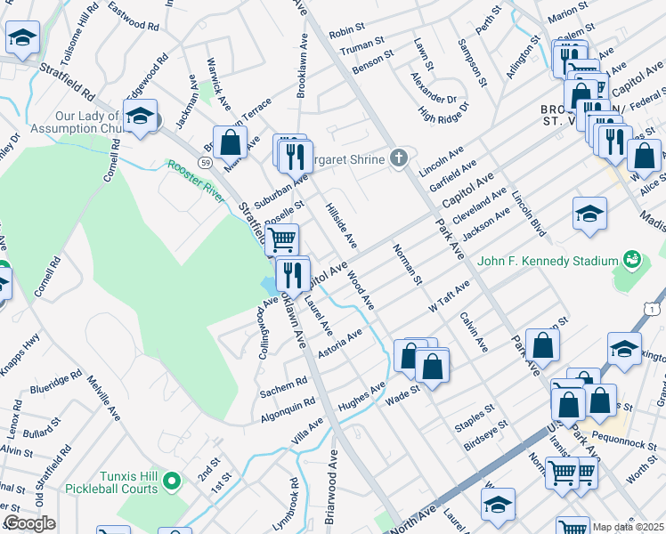 map of restaurants, bars, coffee shops, grocery stores, and more near 1638 Capitol Avenue in Bridgeport