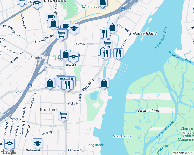 map of restaurants, bars, coffee shops, grocery stores, and more near 88 Ferry Boulevard in Stratford