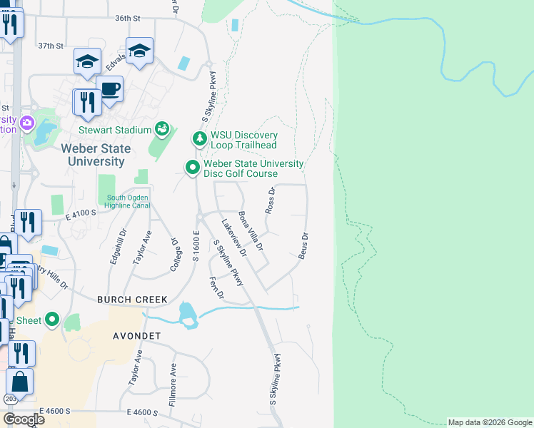 map of restaurants, bars, coffee shops, grocery stores, and more near 4066 Ross Drive in Ogden