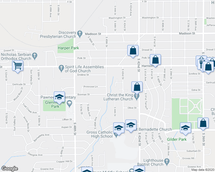 map of restaurants, bars, coffee shops, grocery stores, and more near 7103 South 45th Street in Omaha