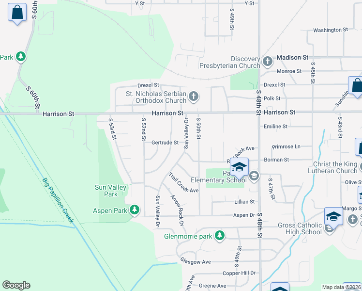 map of restaurants, bars, coffee shops, grocery stores, and more near 5029 Gertrude Street in Omaha