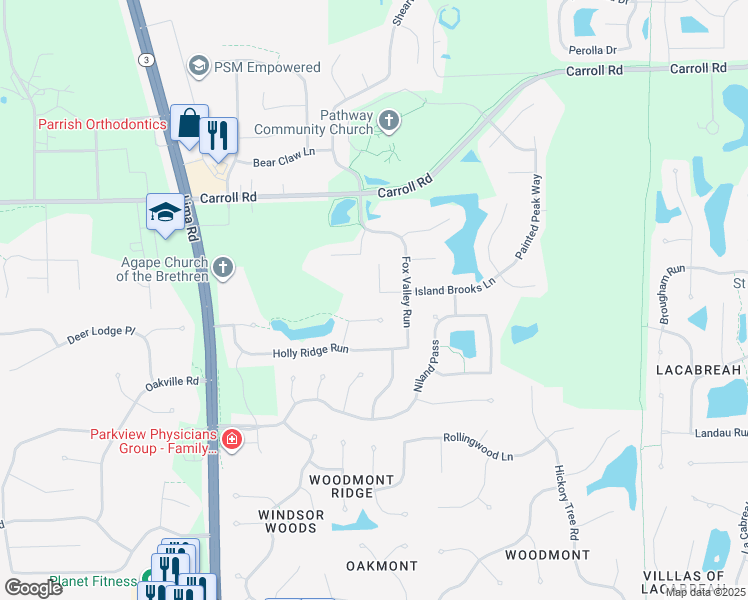 map of restaurants, bars, coffee shops, grocery stores, and more near 1225 Bluff Pointe Way in Fort Wayne