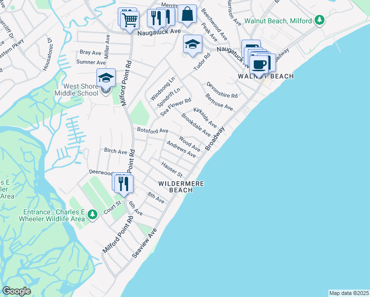 map of restaurants, bars, coffee shops, grocery stores, and more near 33 Andrews Avenue in Milford