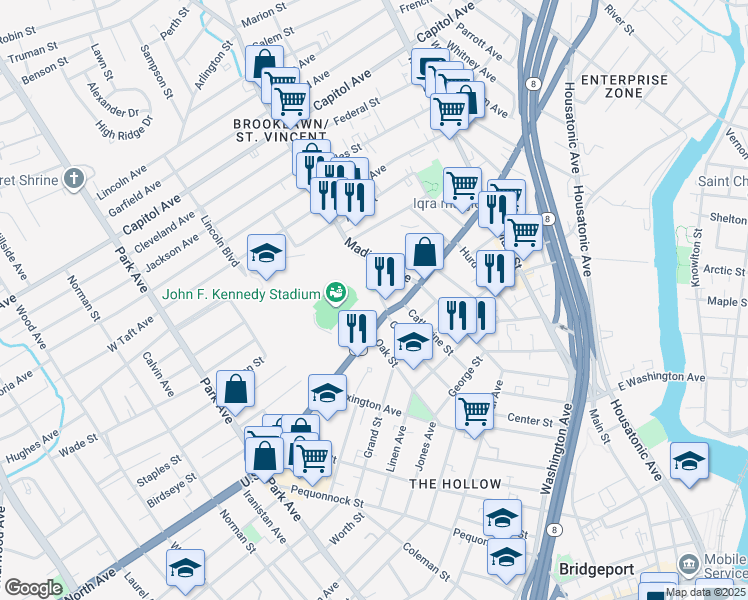 map of restaurants, bars, coffee shops, grocery stores, and more near 544 Center Street in Bridgeport