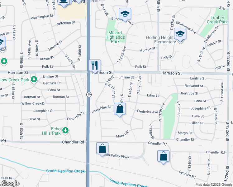 map of restaurants, bars, coffee shops, grocery stores, and more near 7203 South 141st Street in Omaha
